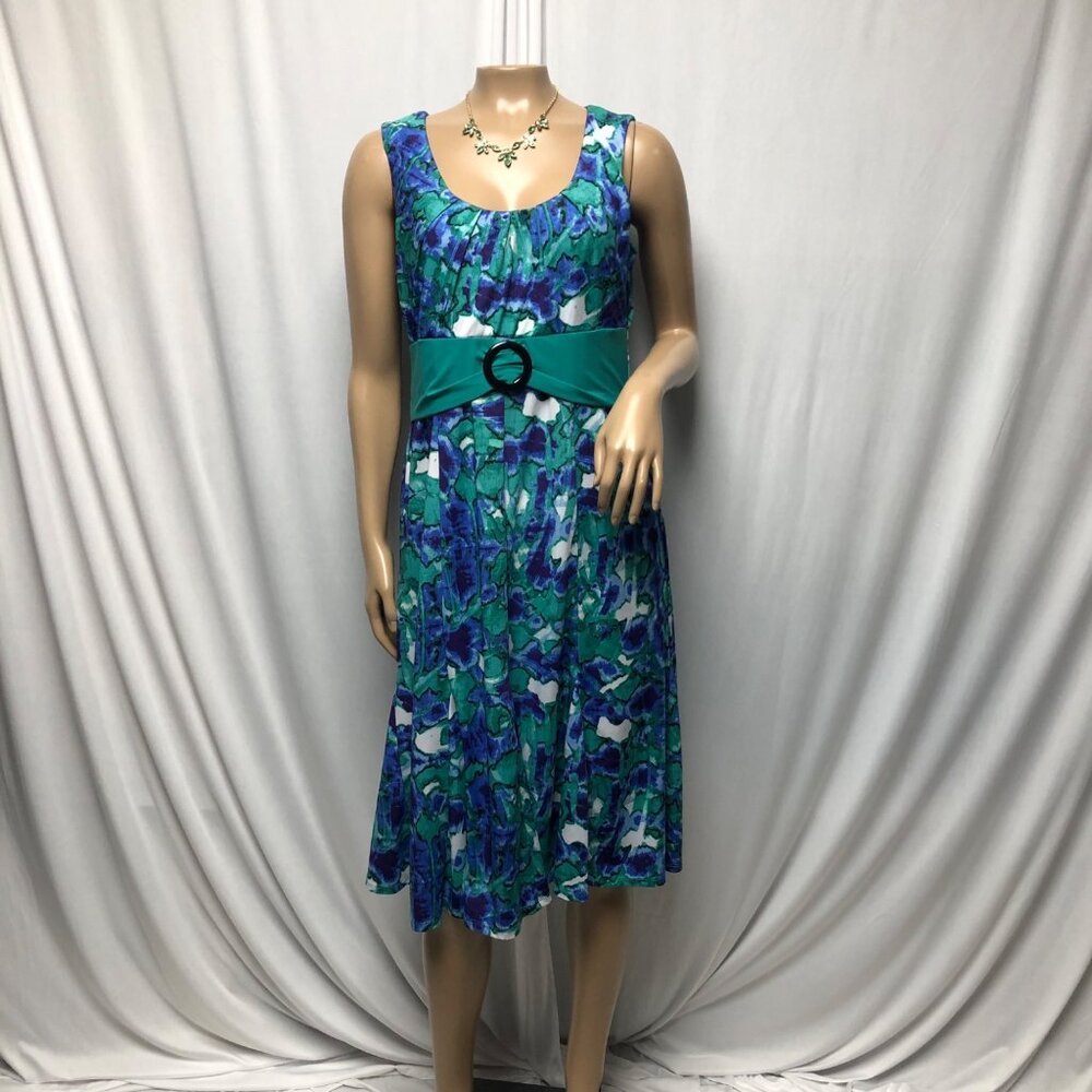 Perceptions New York Dress Womens Sz Medium Blue Green Sleeveless Floral Stretch
